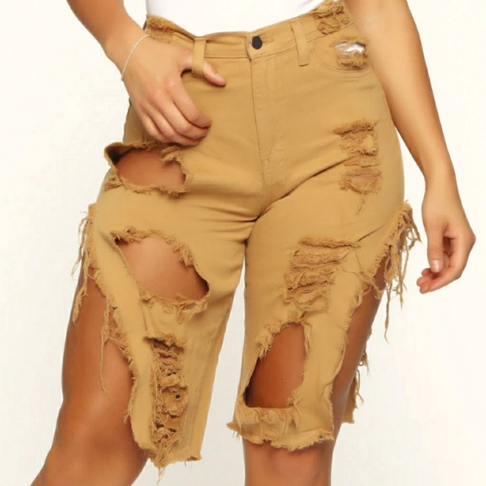 Brown distressed stretch jean shorts